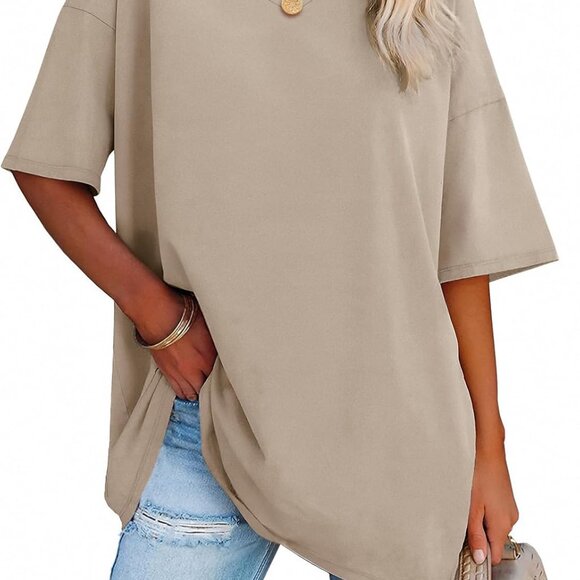 Womens Summer Oversized Shirts V Neck Plus Size Spring Workout Tops Beach Vacati - Picture 1 of 5